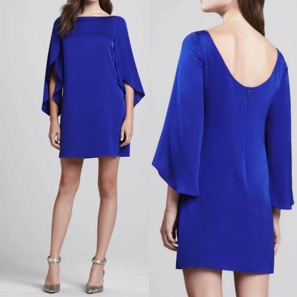 Milly Cobalt Blue Silk Blend Mini Shift Dress sz 4 Butterfly Sleeve Boat Neck - Picture 1 of 9